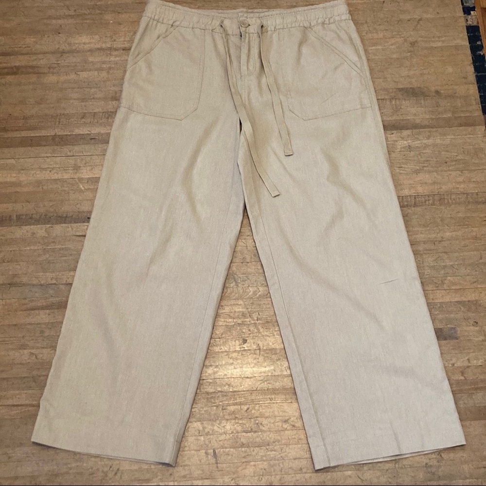 Calvin Klein Size 14 Pull On Linen Cotton Wide Leg Khaki Pant Drawstring Waist